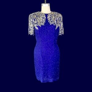 Vintage Stenay Beaded Silk Mini Dress, Royal Blue Silver, Size 10